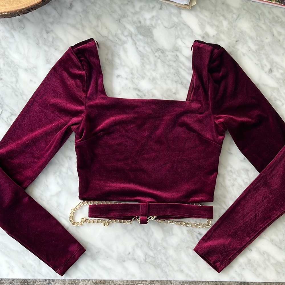 Velvet Long Sleeve Crop Top with Built in Gold Belly Chain